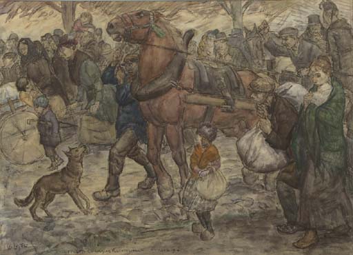 Uittocht, Belgische vluchtelingen, door Leo Gestel, 1914 (foto: Christie's via Wikimedia)